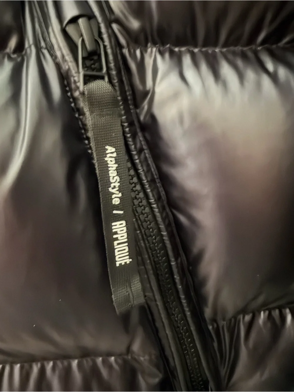Rare Black Alphastyle Appliqué Down Puffer Coat